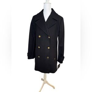 NWT Halston Black Double Breasted Pea Coat Gold Crest Buttons Size M